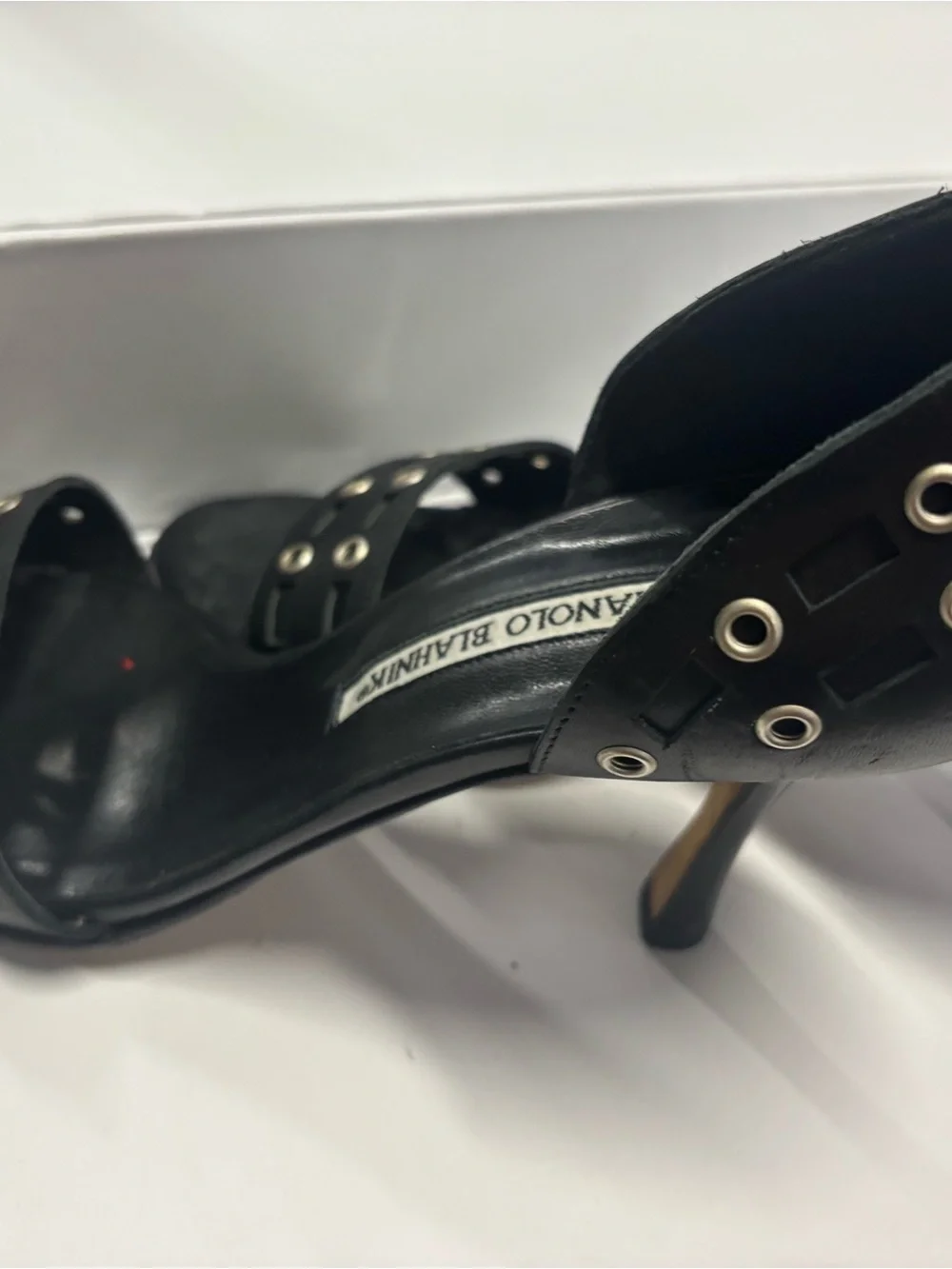 Manolo Blahnik Black Leather Open-Toe Grommet Heels